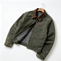 Veste de travail pour homme en toile enduite, style vintage, délavée, col rabattu, doublure polaire, fermeture éclair, épaisse et robuste, vêtement d'extérieur urbain