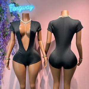2026 Nuovo Sexy Tuta Intera da Donna con Maniche Corte, Scollo a V Profondo, Tinta Unita, Arricciata, Aderente - Product Image 2