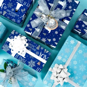 Custom Eco-Friendly Recyclable <b>Blue</b> Christmas Tree Snowflake Pattern Gift Wrapping <b>Paper</b> <b>Roll</b> Art <b>Paper</b> 100GSM Coated Waterproof - Product Image 6