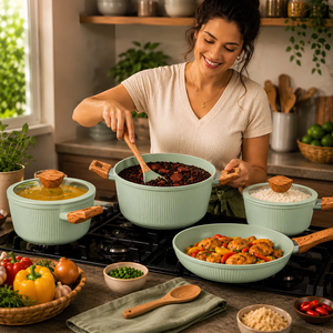 Ensemble de casseroles et poêles de haute qualité avec couvercles en verre, poignées en bois doux au toucher, revêtement céramique antiadhésif, compatible induction, en alliage d'aluminium forgé pour four - Product Image 6