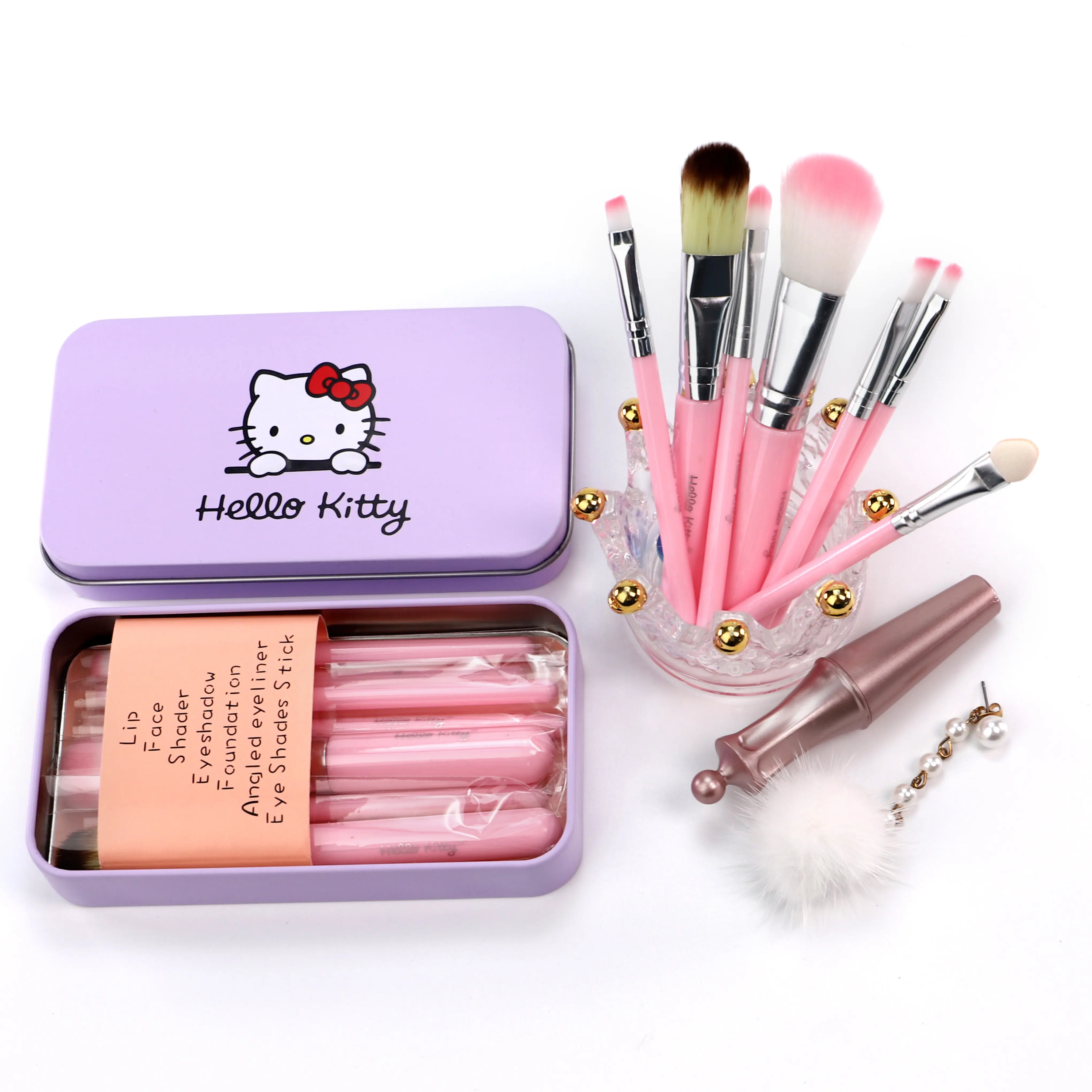 Kuas Makeup Kuas Kosmetik, 7 Buah Alat Kosmetik Kucing Merah Muda Set Rambut Sintetis Eye Shadow Foundation Makeup Brush