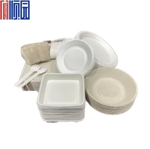 Cheap Price Wholesale 300pcs Tableware Set Compostable Sugarcane Bagasse Cutlery For Party And Go Out Picnic With Plates Bowls