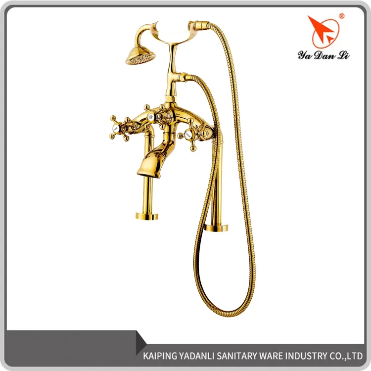 Golden plating brass triangle handle deck mount tub faucet with telephone hand shower