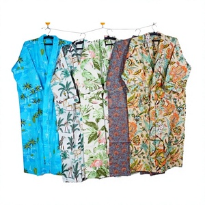 Bata de algodón 100% para mujer, estampada con flores, manga corta, cuello en V, largo completo, informal, para verano, ropa de dormir, albornoz - Product Image 4