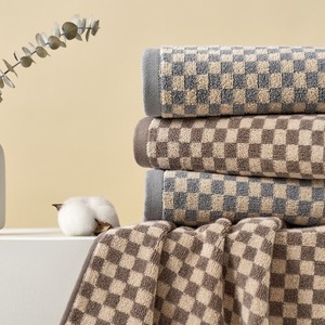 Pure Cotton Yarn Dyed Checkerboard Towels 34x74 Cm Skin Friendly Face Towels Household Use Brown And Gray - Product Image 4