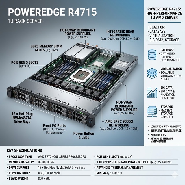 D Ell PowerEdge R4715 1U AMD EPYC 9005 Rack Server High Performance Database Virtualization Big Data Storage Server