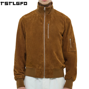 Cut And Sew <b>Suede</b> Varsity <b>Jacket</b> <b>Men</b> Brown Perforated Letterman Ribbed Collar Windbreaker Streetwear Manufacturers Bulk - Product Image 1