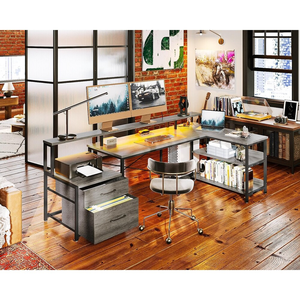 L-Shaped <strong>Desk</strong> with File Drawer 75" Reversible L-Shape Office &amp; <strong>Gaming</strong> <strong>Desk</strong> with Storage LED Strip &amp; Power Outlet <strong>Grey</strong> Oak - Product Image 1