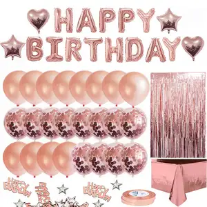 Decoración de pared de fiesta de cumpleaños de oro rosa DIY, cartel de feliz cumpleaños, cortina con flecos de papel de aluminio, globos de confeti de látex, suministros para fiestas