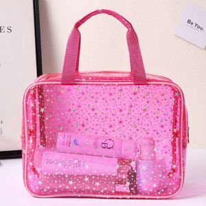 Bolsa de Cosméticos Transparente de PVC con Estampado de Estrellas Rosas, Bolsa de Maquillaje de Viaje con Asas - Product Image 3