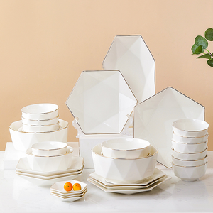 北欧シンプル6コーナーダイヤモンド絵画ゴールドリムセラミックプレートボウル皿スプーン食器セットホームレストランホテル卸売 - Product Image 1