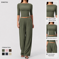 Set Olahraga Wanita Dingtai 2 Potong Lengan Sedang Celana Lebar Crop Top Berbahan Halus Pengontrol Perut Pengangkat Bokong Cepat Kering