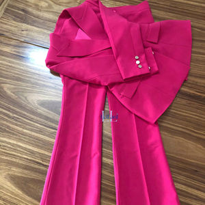 Ensemble tailleur pantalon 2 pièces rose/blanc pour femme, respirant, en mélange de coton écologique, avec blazer et pantalon, tenue de bureau formelle, appliques, coupe classique - Product Image 1