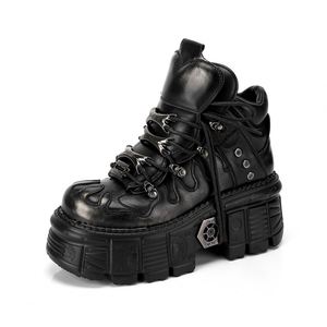 Chaussures plateforme unisexe style gothique sombre - Bottes de motard punk métal à talon compensé effet vieilli - Product Image 3