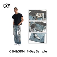 Jean droit en denim ODM pour homme, en coton épais, style streetwear, taille mi-haute, délavage moyen, imprimé 3D, collection printemps
