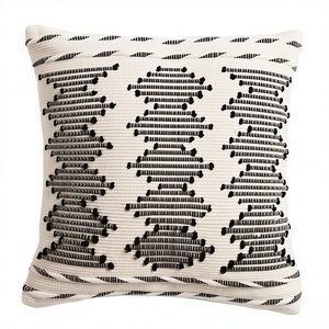 Bohemian Geometric Floral Embroidered Wool <b>Throw</b> Pillow Square Black White Pattern Non-Toxic Removable Washable Decorative - Product Image 1