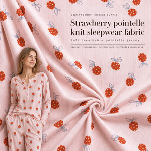 Tessuto Jacquard Elasticizzato con Motivo Fragola, 96,5% Poliestere 3,5% Spandex, Produttore per Pigiami, Abiti da Donna, Abbigliamento OEM - Product Image 1
