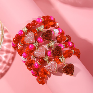 Heart Shape Acrylic Beaded Elastic Bracelet Set For Couple Valentine's Day Jewelry Multi Layer <b>Red</b> Pink <b>Glitter</b> Charm Bracelets - Product Image 2
