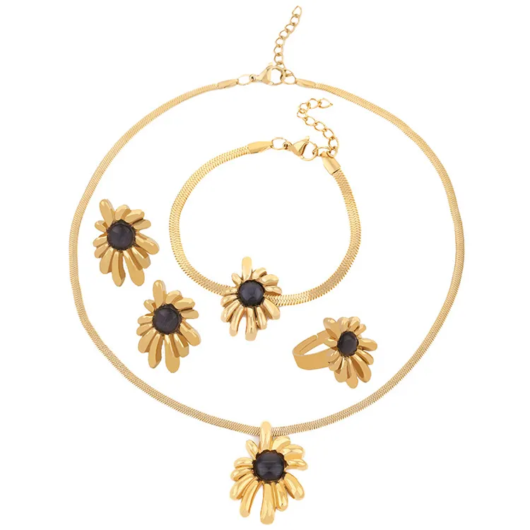 Wholesale Cuba double layer pearl chain bracelet necklace personalized fashion life tree flower pendant titanium steel earrings