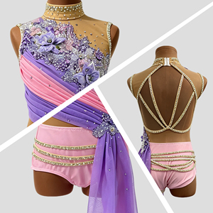 Costume de danse lyrique sur mesure, robe de danse jazz, justaucorps sans manches en maille orné de fleurs et de strass, violet rose, pour compétition lyrique - Product Image 2