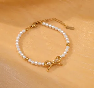 Bracelets noeud papillon en acier inoxydable or 18 carats de luxe faits à la main avec chaîne de perles bijoux de fête nœud papillon femmes filles cadeau de mode