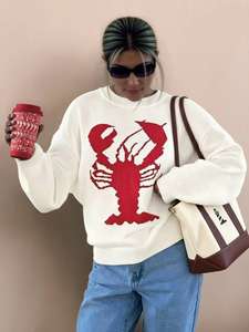 Maglione Bianco Jacquard con Motivo Aragosta di Tendenza per Vacanze al Mare e Feste a Tema Pesce, Pullover <span class=keywords><strong>Oversize</strong></span> Affidabile Lavorato a <span class=keywords><strong>Maglia</strong></span> - Product Image 3