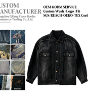 Jaket Denim Pria Streetwear Regular Musim Dingin Formal Vintage Hitam Efek Pudar Raw Frayed Splicing Panel Kancing Depan OEM ODM