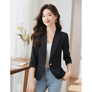 Women's Light Green Blazer Slim Fit Three Quarter Sleeve Anti Wrinkle Solid Color Polyester Spring Casual Suit Jacket - Product Image 4