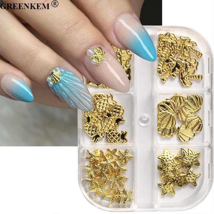 New 6 Grids Metal Gold Color Starfish Nail Charms Coconut Tree Shell