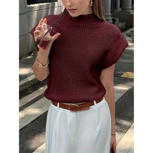 Drop Shoulder Ribbed <b>Mock</b> <b>Neck</b> Knit Vest Beige S Women's <b>Top</b> - Product Image 3
