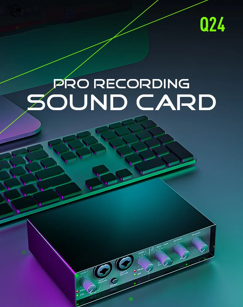 Professional Q24 USB Audio Interface Sound Card Mixing Computer Recording Box for Livestream Broadcast Musical Performance