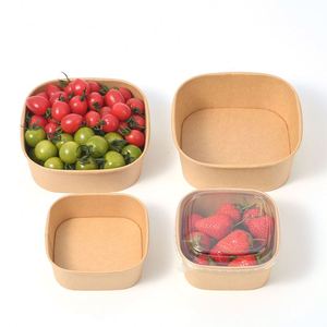 Microwaveable <b>Disposable</b> Kraft Paper Square Biodegradable Takeout <b>Rice</b> Salad <b>Bowl</b> With Lid Oem Service Accepted - Product Image 2