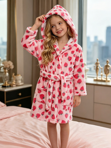 <span class=keywords><strong>Peignoir</strong></span> à capuche imprimé fraises pour filles - Product Image 1