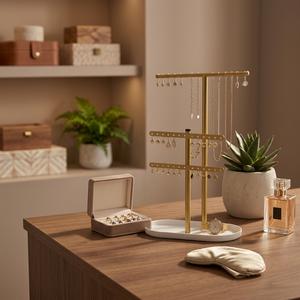 Exhibidor de Joyería Rectangular Moderno con Estuche con Bisagras y Acabado Dorado para Almacenamiento Elegante de Collares y Pendientes - Product Image 4
