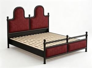 Premium Queen Size Black Metal <b>Bed</b> With Red Velvet Double Arched Upholstered Headboard For Bedroom - Product Image 3