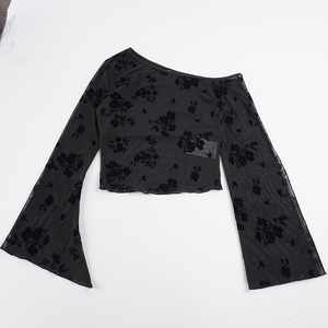 <b>Women</b>‘s One Shoulder <b>Mesh</b> Flocked <b>Top</b>, Asymmetric Sheer Fitted Crop Blouse with Velvet Flocking, Sexy Streetwear Clubwear - Product Image 2