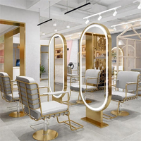 Miroir sur pied double face en acier inoxydable pour salon de coiffure avec éclairage, design minimaliste pour la coiffure, la coloration et la permanente