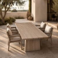Table basse d'extérieur en bois massif de style nordique, plateau rectangulaire à lattes, table de jardin minimaliste, mobilier de patio avec base sur piédestal