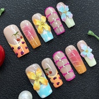 Faux ongles à presser en gel 3D fleuris peints à la main, lot de 10 pièces, courts, fantaisie, faits à la main, épais, en acrylique, pour la pose rapide