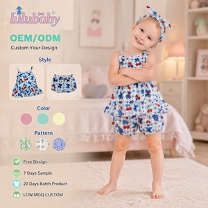Set di <span class=keywords><strong>Abbigliamento</strong></span> per Bambine DH ODM Boutique con Stampa Patriottica Retrò, Pigiama Elasticizzato in Bambù con Volant per il Mercato USA e Australia - Product Image 1