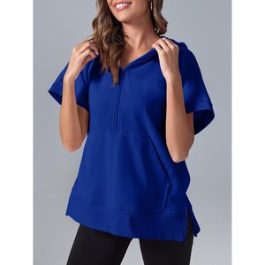 Sweat-shirt à capuche surdimensionné pour femme, à manches courtes, avec poches, pull décontracté, taille plus - Product Image 2