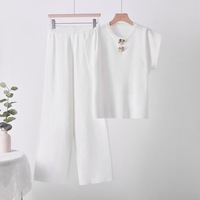 Ensemble deux pièces tricoté haut de gamme pour femme, été 2026, transfrontalier, polyvalent, ample, uni, avec pantalon large à manches courtes