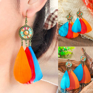 Feather <b>Drop</b> Earrings Alloy Antique <b>Bronze</b> Plated Bohemia Style Women's Fashion Dangle Earrings - Product Image 1
