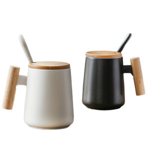 Ceramic <b>Mug</b> With Wooden Handle And Lid <b>Set</b> For Tea Coffee Business Gift Solid Color White Black 300Ml - Product Image 1