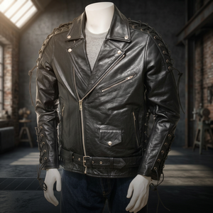 Men's High Street Style Black Leather <b>Biker</b> <b>Jacket</b> with Canvas Fabric Customizable Winter Wear Breathable Personalized Touches - Product Image 3