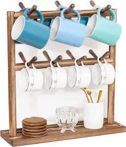 柜台用马克杯支架咖啡杯架，2层木质马克杯树架收纳器，带14个坚固的挂钩和储物底座，