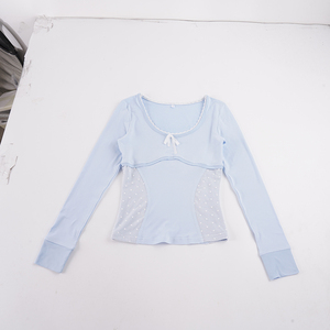 Sweet Preppy Girl Polka Dot <b>Patchwork</b> <b>Top</b> Lace Trim Bow Detail Slim Fit Flattering U Neck Long Sleeve Tee - Product Image 6