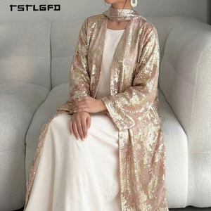 Women Black Chiffon Abaya Rhinestone Gold Floral Lace Applique <b>Flared</b> Bell Sleeve Self-Tie Waist Modest Luxury Evening Dress - Product Image 6