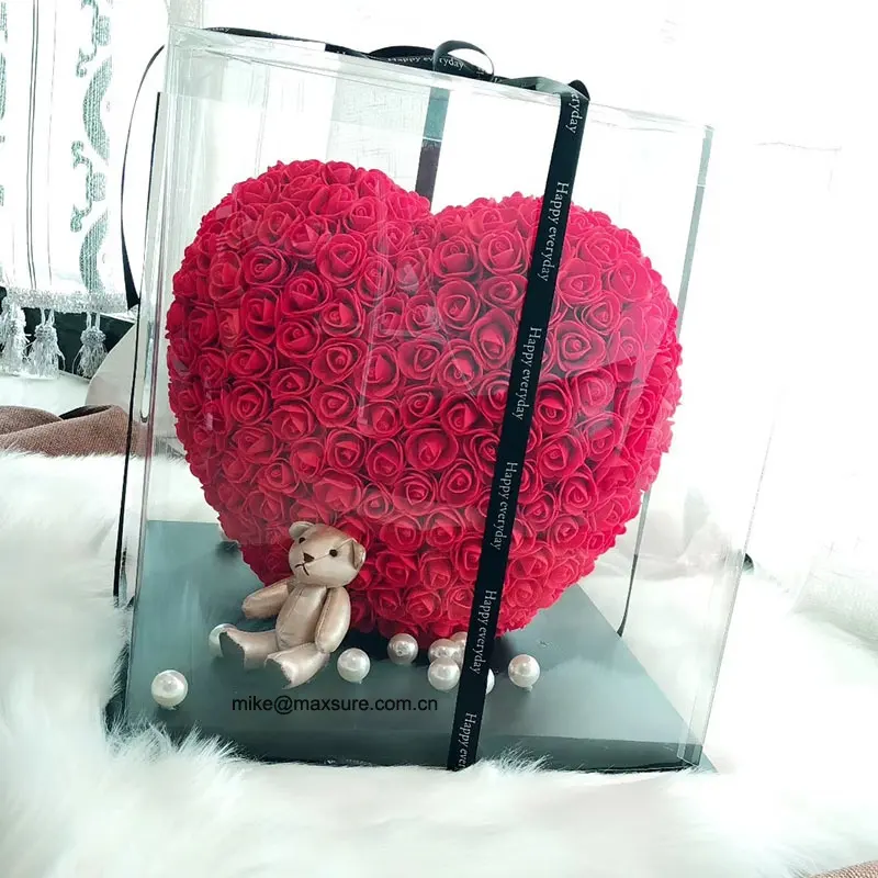 अमेज़न गर्म बेच फोम गुलाब दिल कृत्रिम संरक्षित पीई फोम गुलाब दिल भालू और मोती के साथ