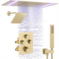Système de Douche Pluie Double avec Mitigeur 2 Poignées LED, Fixation Murale ou Plafond, Ensemble Robinet avec Douchette à Main, Doré Brossé